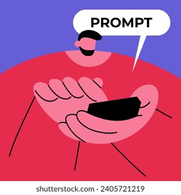 Young Male Prompt-engineer writing a prompt to an artificial network. Artificial intelligence development. Character using AI to create a text or an image. Flat vector illustration.