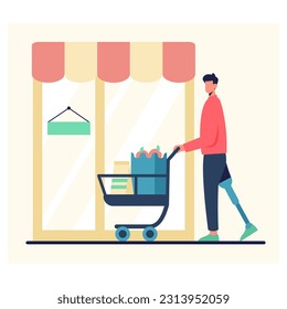 Young male with prosthetic leg carry cart with food, walking around store and buying groceries. Daily life of human with special need. Flat vector illustration in blue and red colors