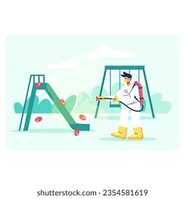 Young male in protective form holding sprayer and performing disinfection from different viruses and bacteria on playground. Disinfection concept. Flat vector illustration