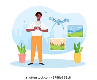 Young male quadcopter operator is making photos with flying drone. Concept of aerial photography, air survey services, drone photo of your event. Flat cartoon vector illustration