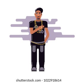 Young male rapper standing with right hand on his heart isolated on white background. Stock vector illustration of rebelious youth, modern lifestyle person, rap music singer in flat style.