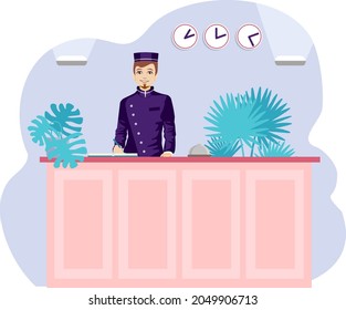 A young male receptionist stands at the front desk. Hotel lobby. Check-in hotel. Modern vector illustration.