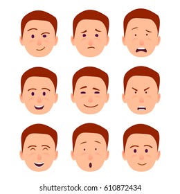 Young male redhead character face that expresses emotions of happiness, sarcastic grin, absolute bewilderment, strong anger and complete shock vector illustration. Facial exertion of feelings.