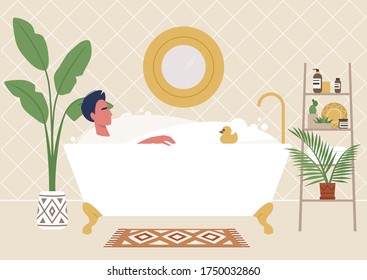 Young male relaxed character in a claw foot bathtub, eco friendly boho interior, plants and skin care products, millennial lifestyle