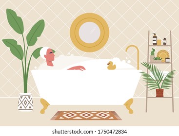 Young male relaxed character in a claw foot bathtub, eco friendly boho interior, plants and skin care products, millennial lifestyle
