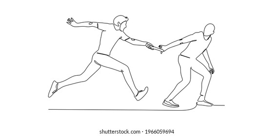 Young male relay runner pass the baton stick to his team mate. Healthy lifestyle and fun jogging sport concept. Continuous one line drawing	- continuous one line drawing