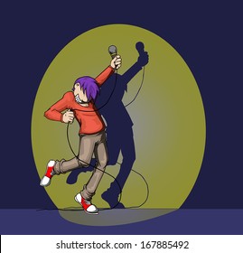 Young male rocking out on  a stage, vector illustration