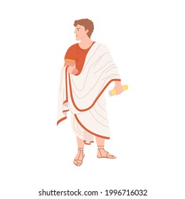 Young Male Roman Wearing Long Tunic and Sandals as Traditional Clothes Vector Illustration