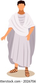 Young male roman wearing long tunic and sandals as traditional clothes vector illustration isolated on white. Historical character inhabitant of ancient country, European citizen, antique civilization