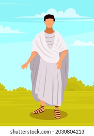 Young male roman wearing long tunic and sandals as traditional clothes vector illustration isolated. Historical character inhabitant of ancient country, European citizen, antique civilization