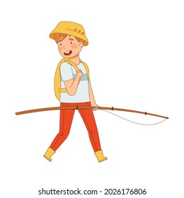 Young Male in Rubber Boots and Backpack Walking with Fishing Rod Ready to Catch Fish Vector Illustration