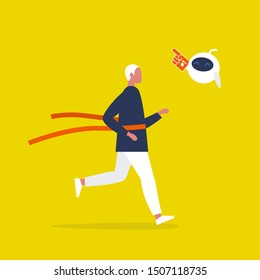 Young male running character crossing the finish line. Red ribbon. Cheering robot.  Race. Competition. Flat editable vector illustration, clip art