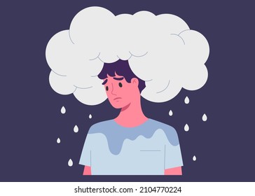 Young male with sad face expression and blue raining cloud above his head. Concept of trouble, stressed, depression, metal health illness, emotion, bad day. Flat vector illustration character.