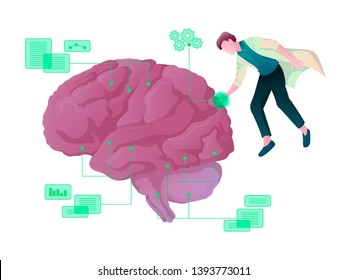 Young male scientist exploring artificial intelligence, big data, cyber mind, machine learning, digital brain, cyberbrain.