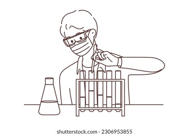 Young male scientist in face mask make experiments in lab. Man researcher experiment using tubes in laboratory. Science and biotechnology. Vector illustration. 