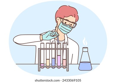 Young male scientist in face mask make experiments in lab. Man researcher experiment using tubes in laboratory. Science and biotechnology. Vector illustration.