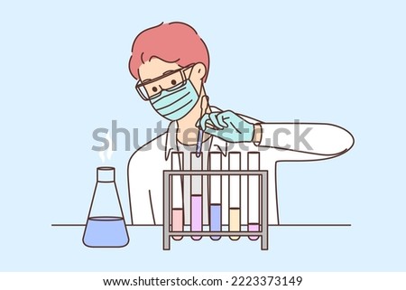 Young male scientist in face mask make experiments in lab. Man researcher experiment using tubes in laboratory. Science and biotechnology. Vector illustration. 