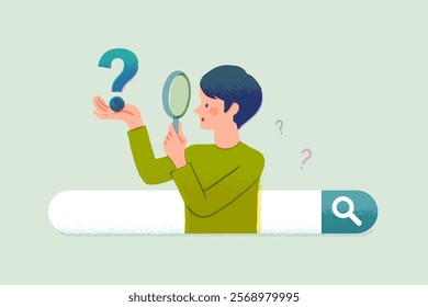 Young male in search bar looking through magnifying glass. Concept of searching, finding, information service, Q and A, customer support, find the answer. Vector illustration character.