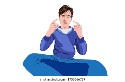 Young male with a serious face putting on a surgical mask. dressed in blue sweater and blue pants Vector