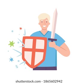 Young Male with Shield and Sword Fighting with Pathogen and Germs Vector Illustration