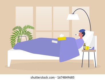 Young male sick character resting in bed, bedroom interior, quarantine, medical treatment