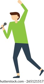 Jovem cantor masculino se apresentando ao vivo no palco, segurando um microfone e levantando um braço em emoção, capturado em uma ilustração de corpo inteiro contra um fundo branco limpo