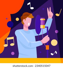 Young male singing in microphone. Night music festival in club concept. Concept of creating music on stage and hobby. Flat vector illustration in cartoon style