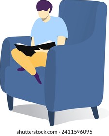 Young male sitting in a blue armchair reading a book relaxed and focused. Adult reader enjoying literature at home. Leisure time and self education concept vector illustration.