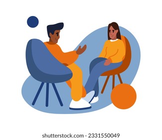 Hombre joven sentado frente a mujer y conversando. Gente reunida en la vida real. Buen descanso de fin de semana. Tiempo de descanso de vacaciones. Comunicación entre jóvenes adultos. Ilustración vectorial plana