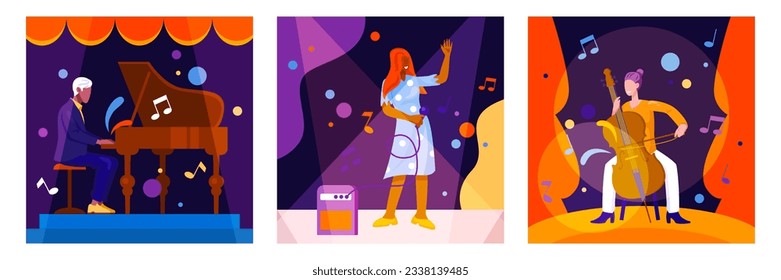 Young male sitting and playing on piano. Stylish female singing in microphone on stage. Female sitting and playing cello. Concept of creating music, hobby. Flat vector illustration in cartoon style svg