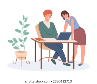 Muchacho joven sentado en la mesa y escribiendo en el portátil, hembra parada cerca y controlando el proceso. Concepto de gestión del tiempo de los trabajadores que realizan trabajo en la oficina. Concepto de coworking. Ilustración del vector
