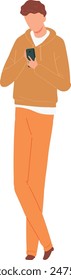 Young male smartphone casual clothing brown hoodie orange pants. Man texting walking isolated white background mobile phone user. Digital communication stylish outfit leisure activity illustration
