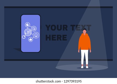 Young male speaker presenting a new product on the stage. Presentation template. Your text here. Flat editable vector illustration, clip art