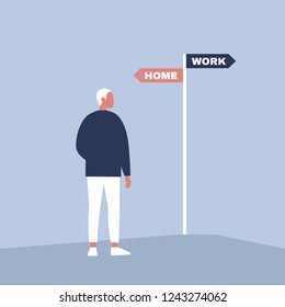 Young male specialist making a choice between the career and family. Navigating signpost showing the opposite directions. Decision making. Flat editable vector illustration, clip art
