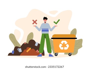 Young male standing and showing benefits and consequences of waste sorting. Choice between garbage sorting and not sorting. Call for proper waste management. Flat vector illustration