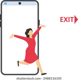 Young male stepping out of the mobile phone screen. Modern lifestyle. Digital detox. Millennial user. Flat vector illustration.
