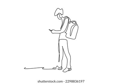 young male student with backpack university school using phone full length body line art