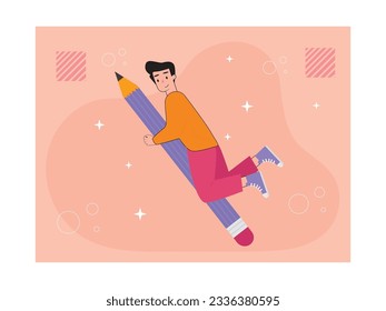 Young male student in flying pose riding big pencil, writing creative education designer in university classroom. Design art. Vector flat illustration