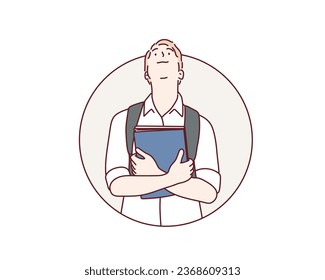 Young male student  over isolated white wall looking up while smiling. Hand drawn style vector design illustrations.