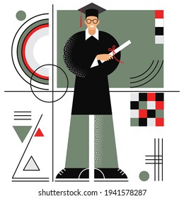 young male student passed the exam and received a diploma.abstract geometric illustration on the topicof education and getting a profession. flat pattern with textures, abstract retro style. EPS 10.
	