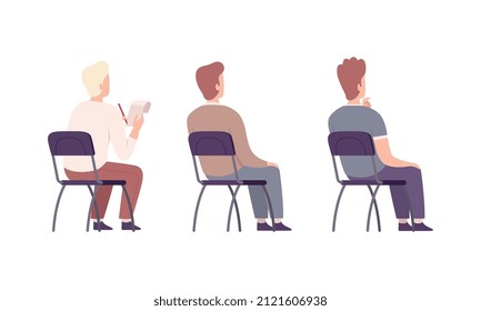 Young Male Student Sitting on Chair in Class Back View Vector Set