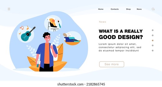 Young male student thinking about hobbies or future job. Boy with different interests choosing college flat vector illustration. Career choice, education concept for banner or landing web page