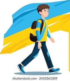 Young male student walking with a backpack under a large Ukrainian flag. Casual youth, patriotism, national pride concept. Educational journey vector illustration.