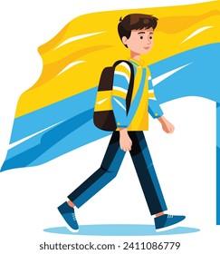 Young male student walking with a large blue and yellow flag behind him. Casual teenager with backpack strolling, patriotism theme vector illustration.