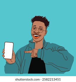 A young male student wearing a hoodie, smiling confidently while pointing at his phone, exuding excitement and engagement in a modern setting.