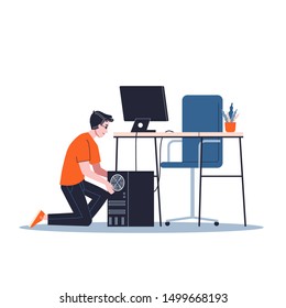 Young male sysadmin. Man doing technical work with server. Support and administration. Isolated flat vector illustration