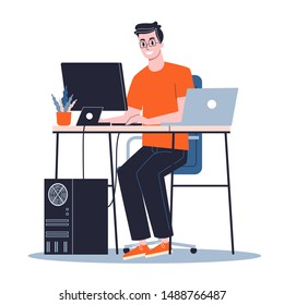 Young male sysadmin. Man working on computer. Support and administration. Isolated flat vector illustration