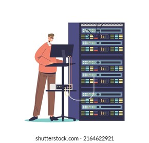 Síndrome joven en el trabajo. Hombre trabajando en computadora y haciendo mantenimiento técnico con servidor. Concepto de apoyo y administración. Dibujo vectorial plano de dibujos animados