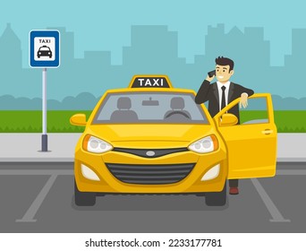 Young male taxi driver leaning on the car door and talking on the phone. Dedicated taxi parking lot with traffic sign. Flat vector illustration template.