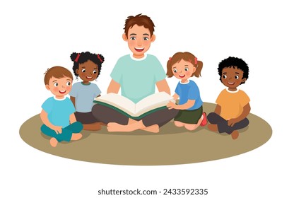 Young male teacher explaining lesson telling story book to students sitting on the floor